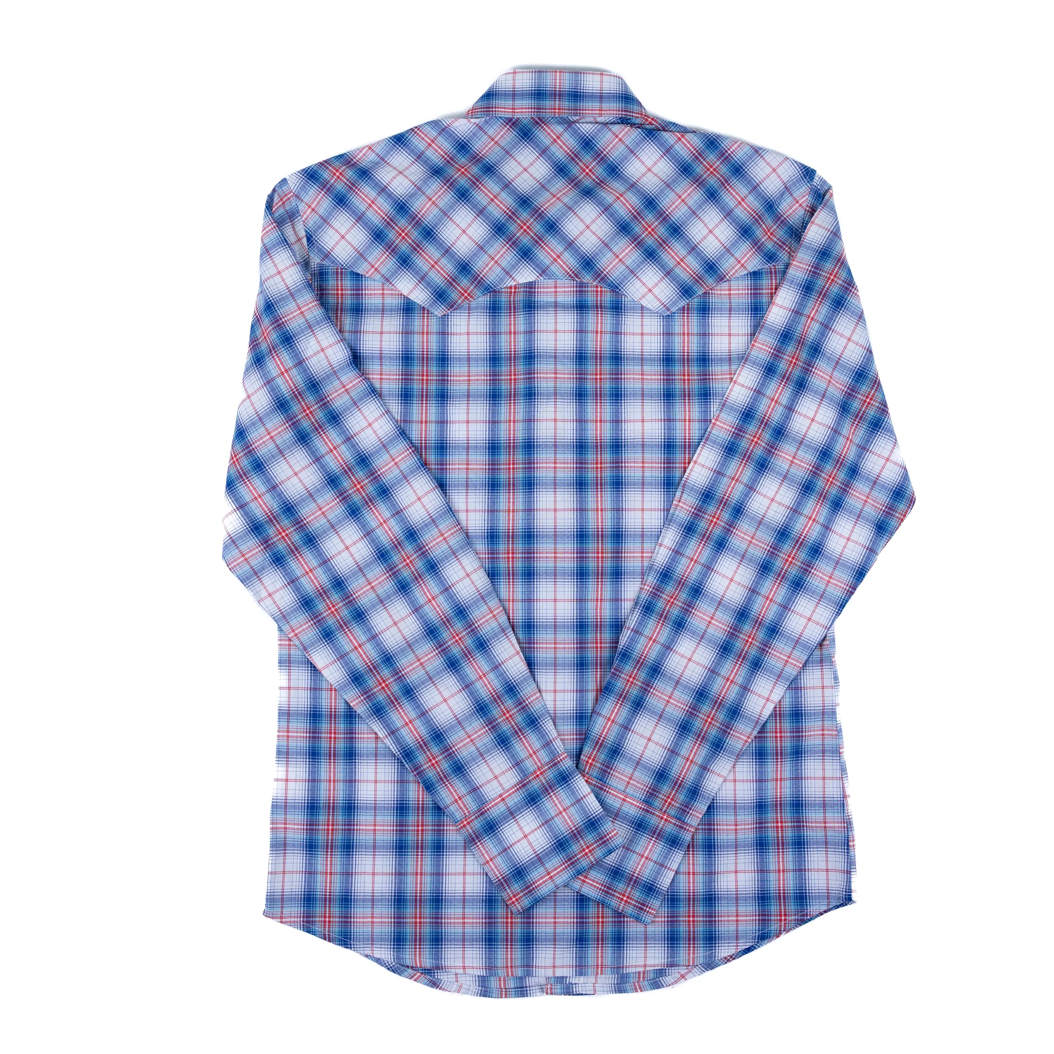 Men's Wrangler Retro Long Sleeve Blue and Red Plaid Snap Shirt 112378925