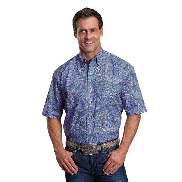 Men Stetson Short Sleeve Blue Meadow Paisley Printed Button Down Shirt 11-002-0526-4027