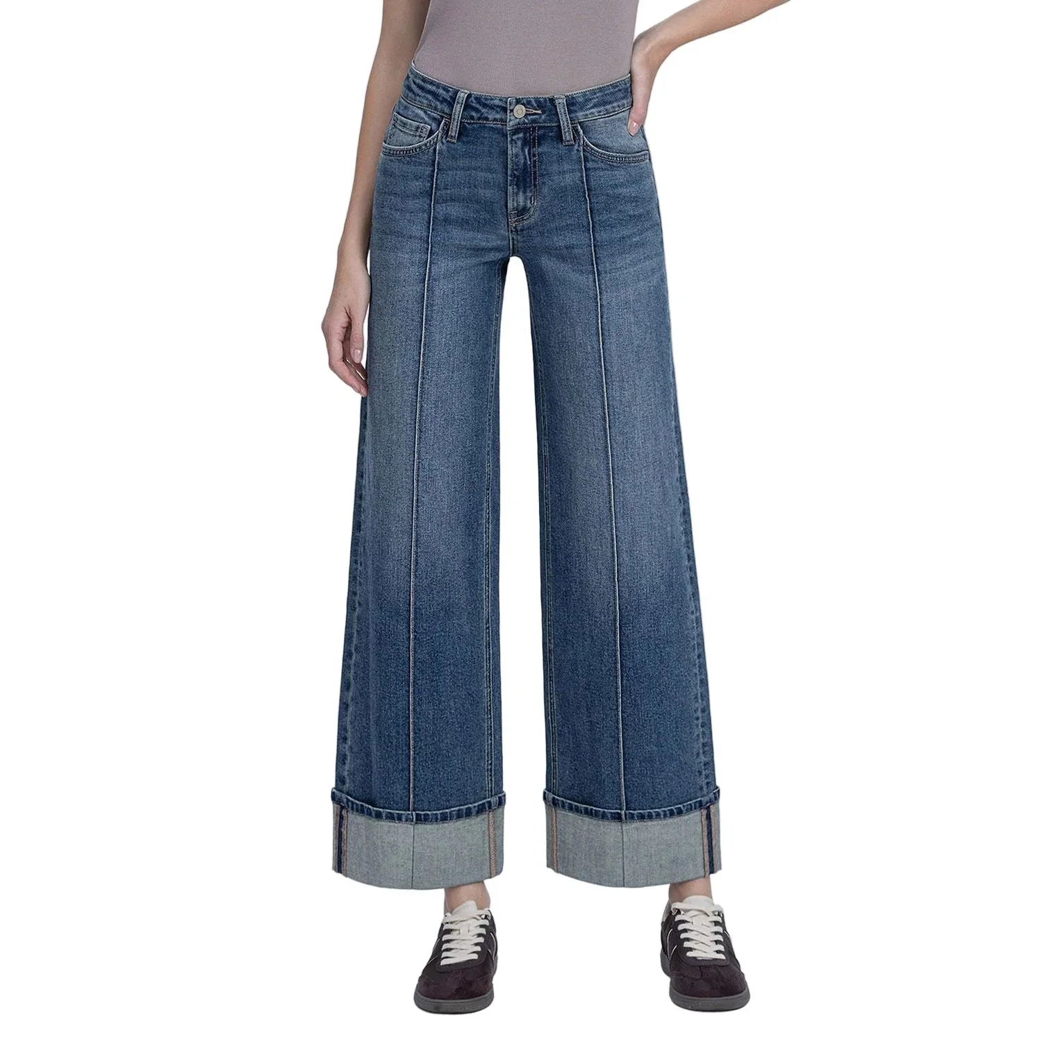 Women's Mid Rise Pin Tuck Cuffed Baggy Wide Jeans F6323 – Crazy