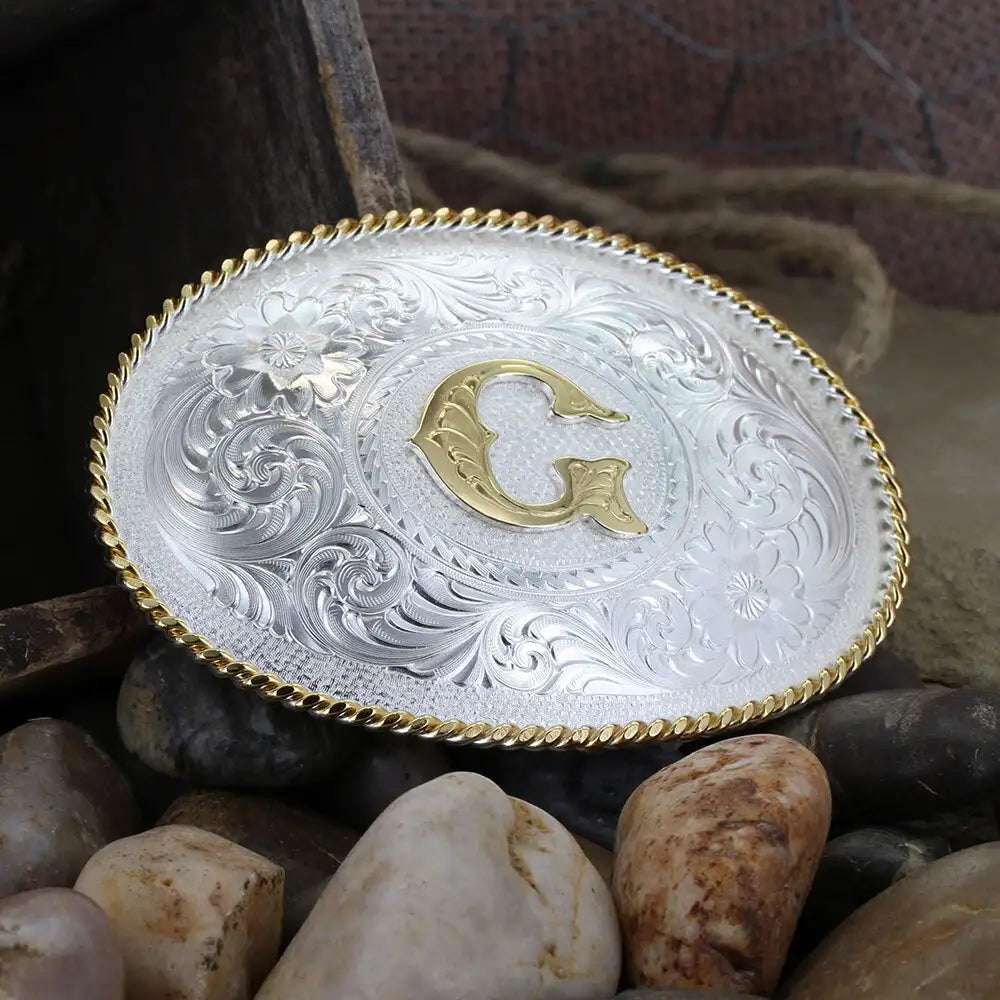 Montana Silversmith Initial G Silver Engraved Gold Trim Western Belt Buckle 700G