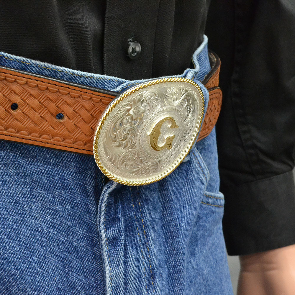 Montana Silversmith Initial G Silver Engraved Gold Trim Western Belt Buckle 700G
