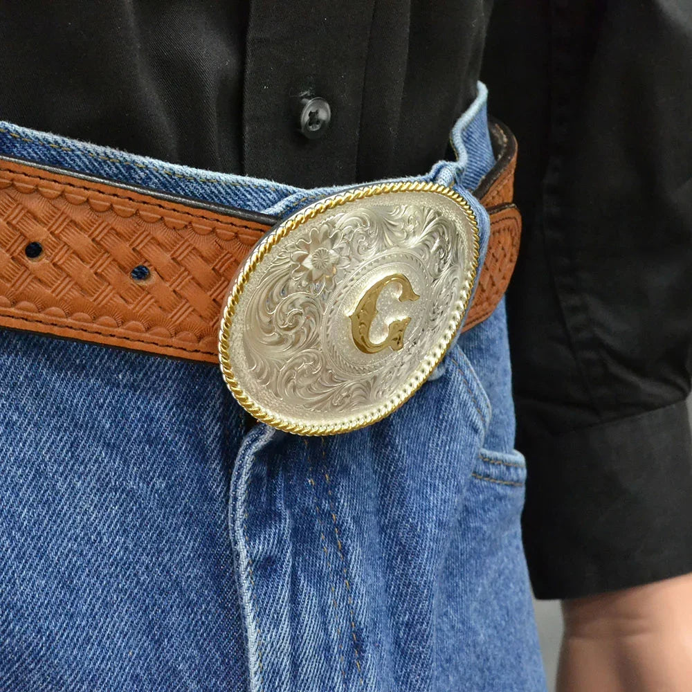 Montana Silversmith Initial G Silver Engraved Gold Trim Western Belt Buckle 700G