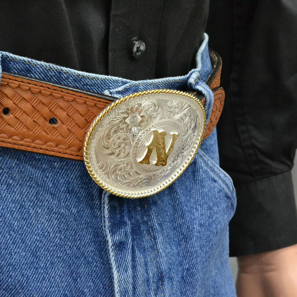 Montana Silversmith Initial N Silver Engraved Gold Trim Western Belt Buckle 700N