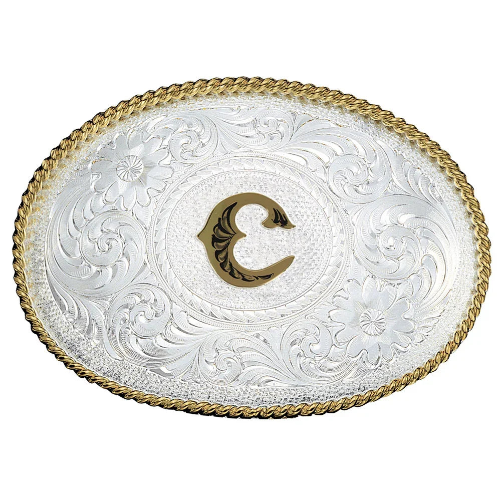 Montana Silversmiths Initial C Silver Engraved Gold Trim Western Belt Buckle 700C