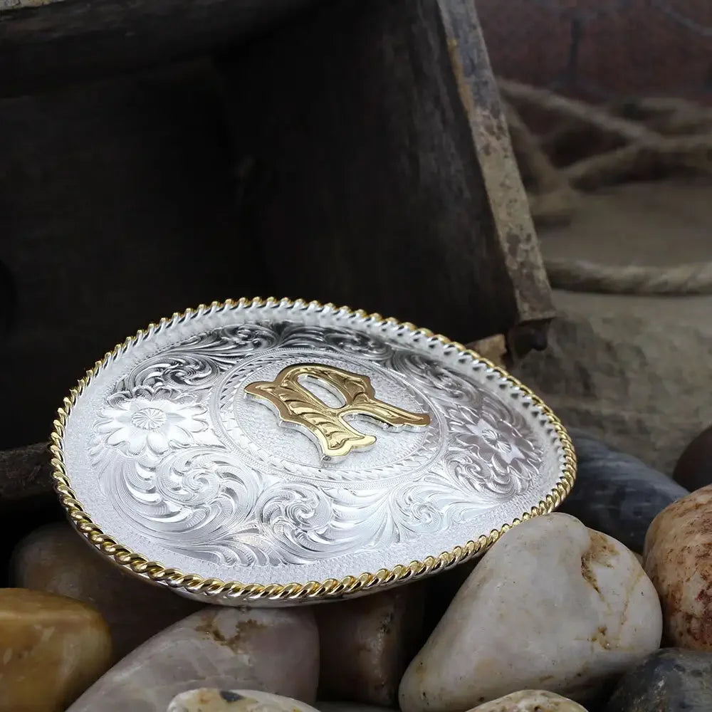 Montana Silversmiths Initial R Silver Engraved Gold Trim Western Belt Buckle 700R
