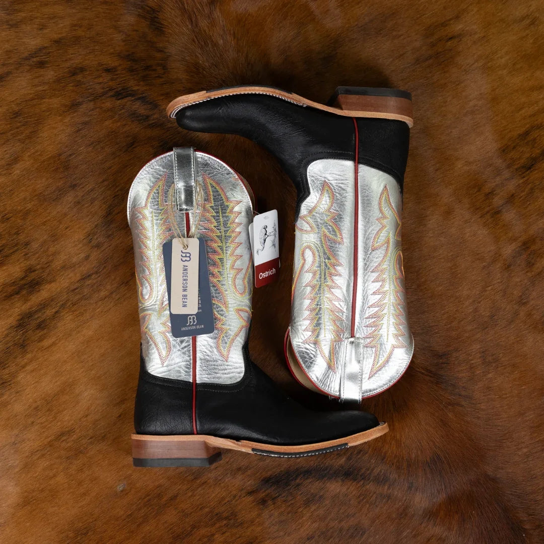 Pair of black cowboy boots with white insole on a brown fur background