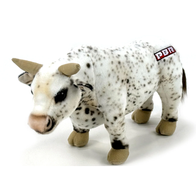 Plush toy dinosaur with white body and brown spots on a white background