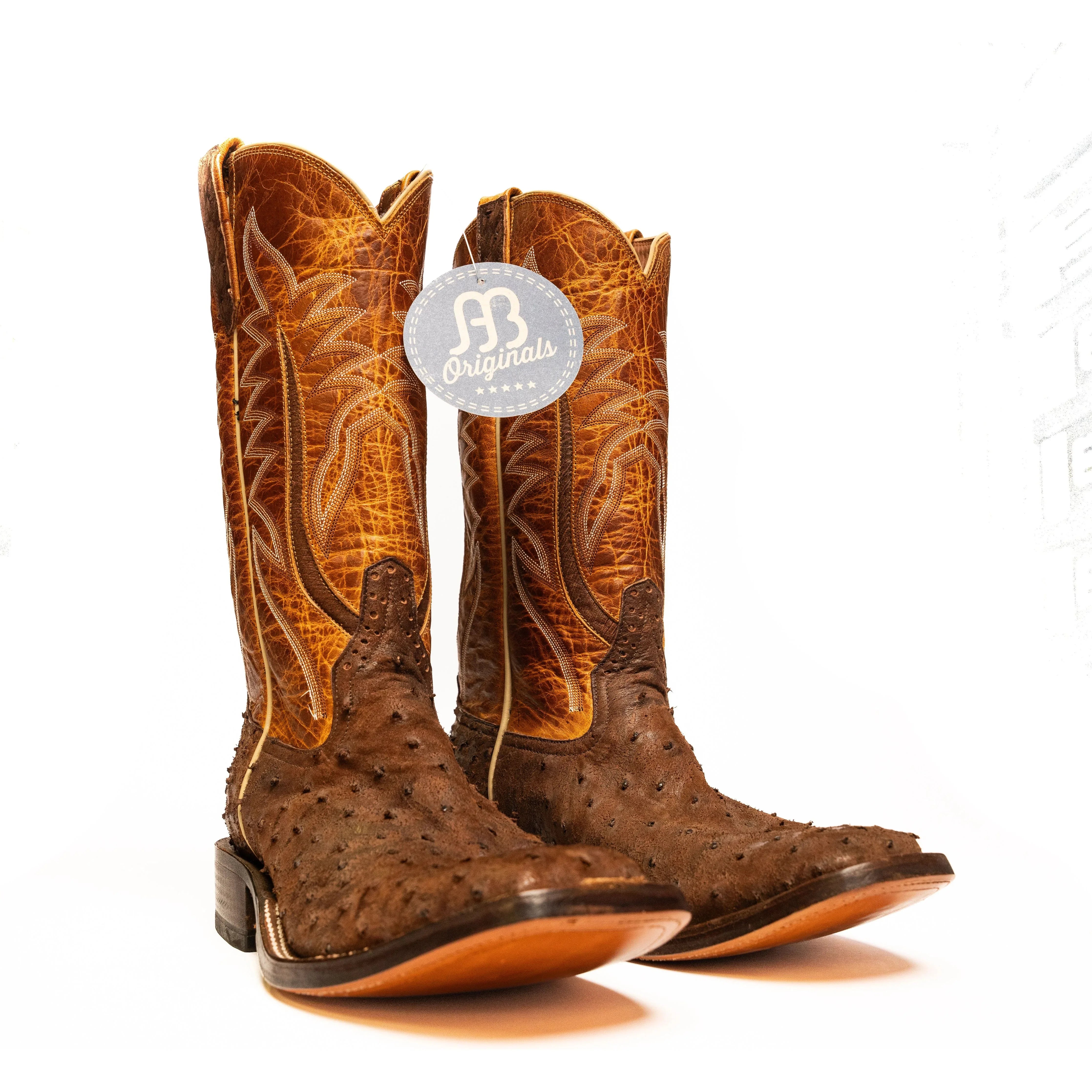 Rios Cigar Suede Full Quill Ostrich with 13" Cognac Lava Top - Crazy House Western Wear