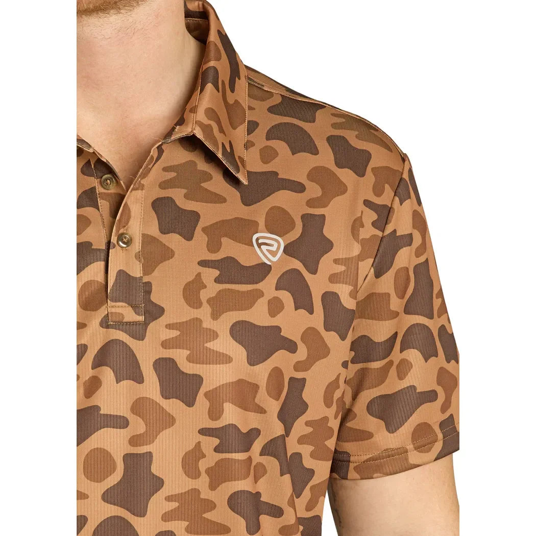 Rock and Roll Denim Camo Print Short Sleeve Button-Down Stretch Polo Shirt BM51T07687