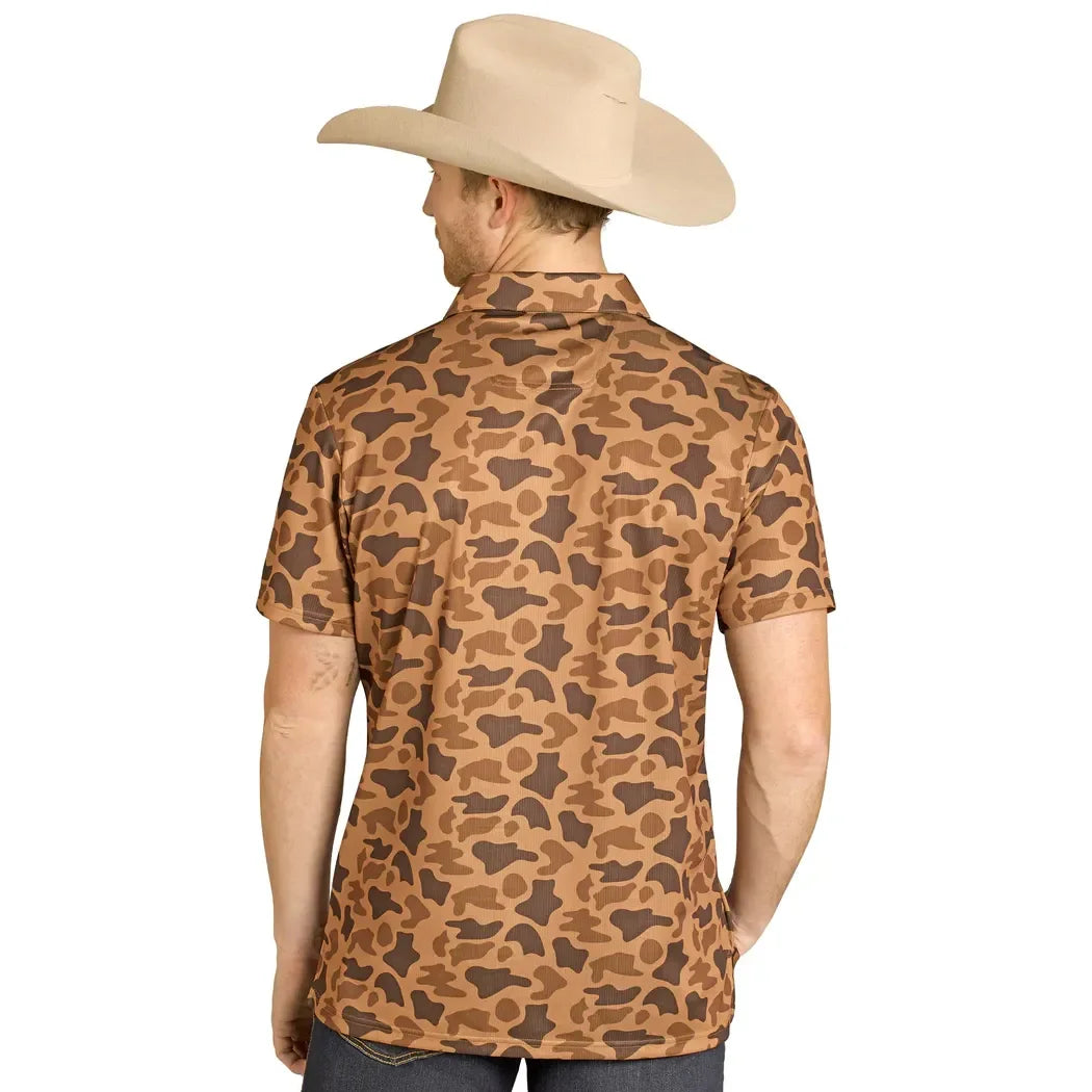 Rock and Roll Denim Camo Print Short Sleeve Button-Down Stretch Polo Shirt BM51T07687
