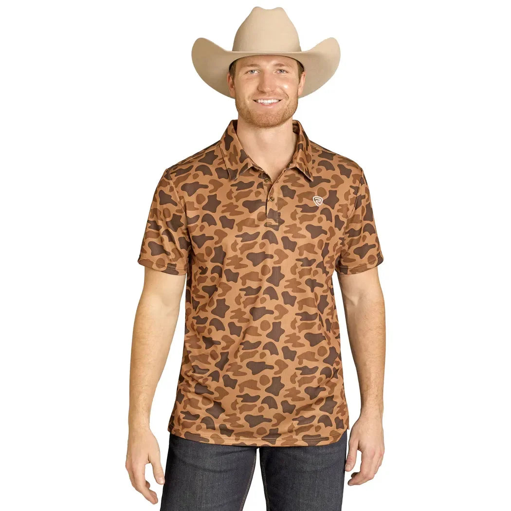 Rock and Roll Denim Camo Print Short Sleeve Button-Down Stretch Polo Shirt BM51T07687