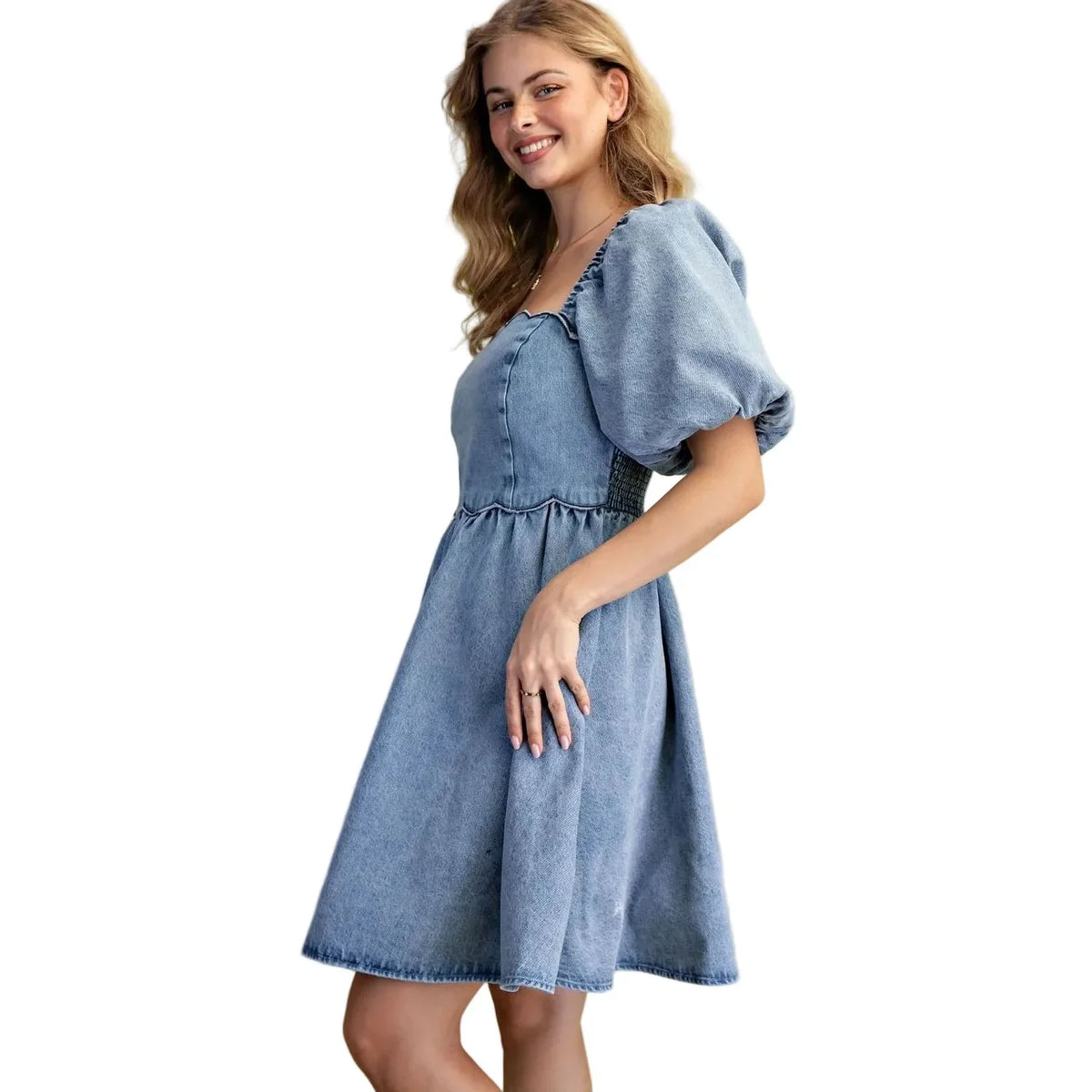 Women's Easel Short Bubble Sleeves Washed Denim Dress SD300080