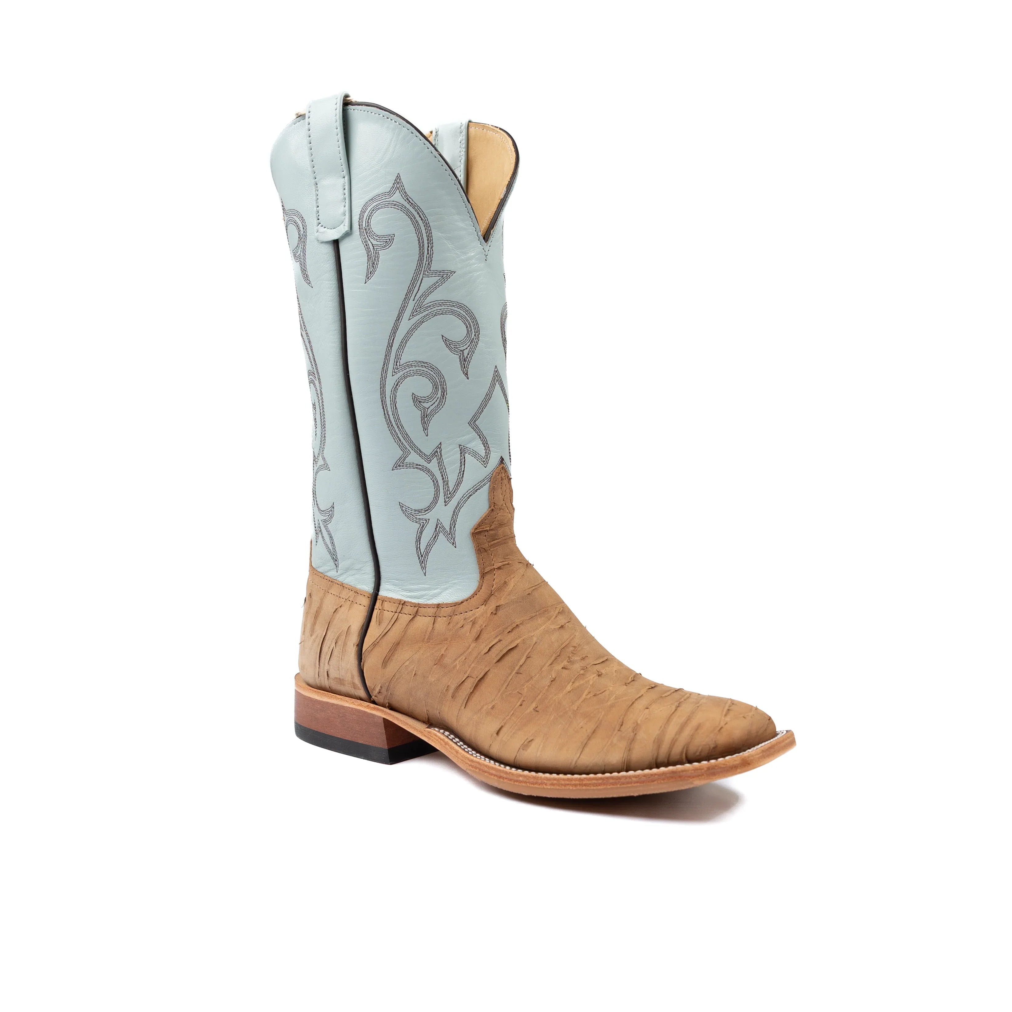 Tan cowboy boot with light blue shaft on a white background