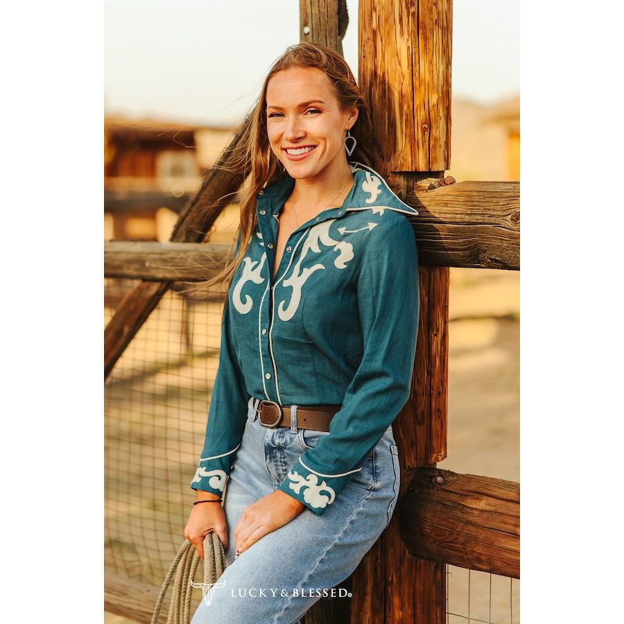 Women's Teal Ivory Patch Embroidered Boot Stitch Contrast Piping Button Down Shirt TO938-TL