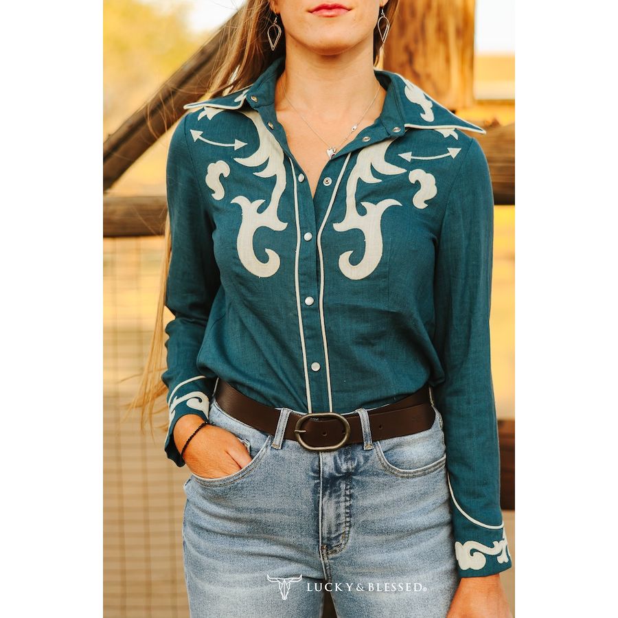 Women's Teal Ivory Patch Embroidered Boot Stitch Contrast Piping Button Down Shirt TO938-TL