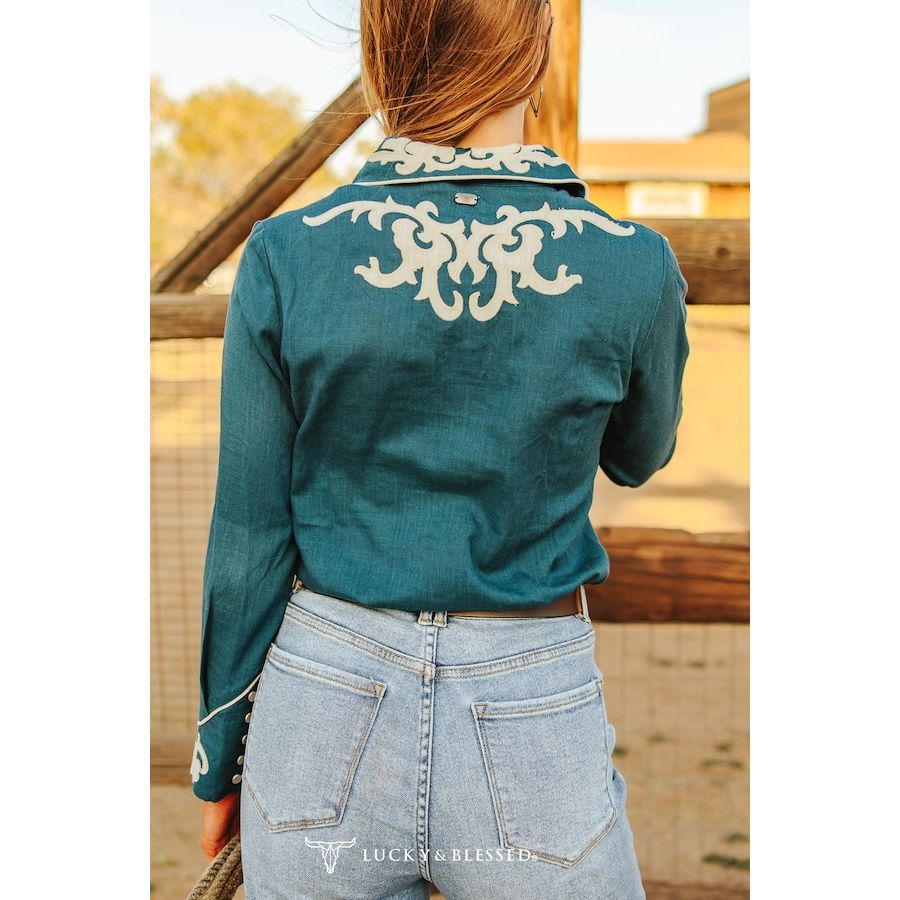 Women's Teal Ivory Patch Embroidered Boot Stitch Contrast Piping Button Down Shirt TO938-TL