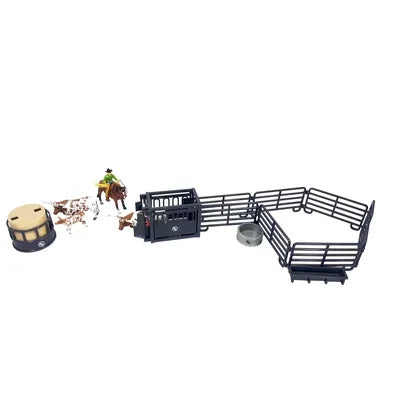 Toy set with a horse, rider, and a small arena on a white background