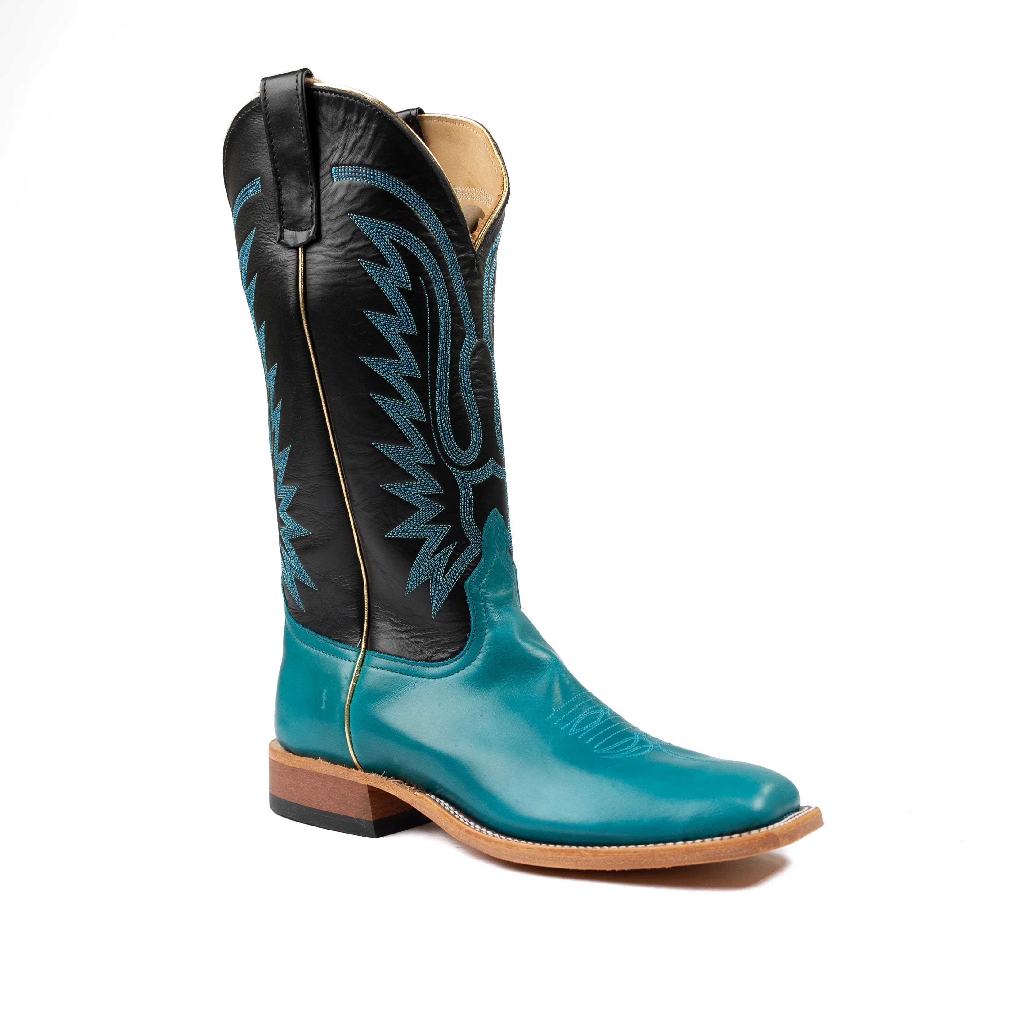 Turquoise cowboy boot with black leather accents on a white background