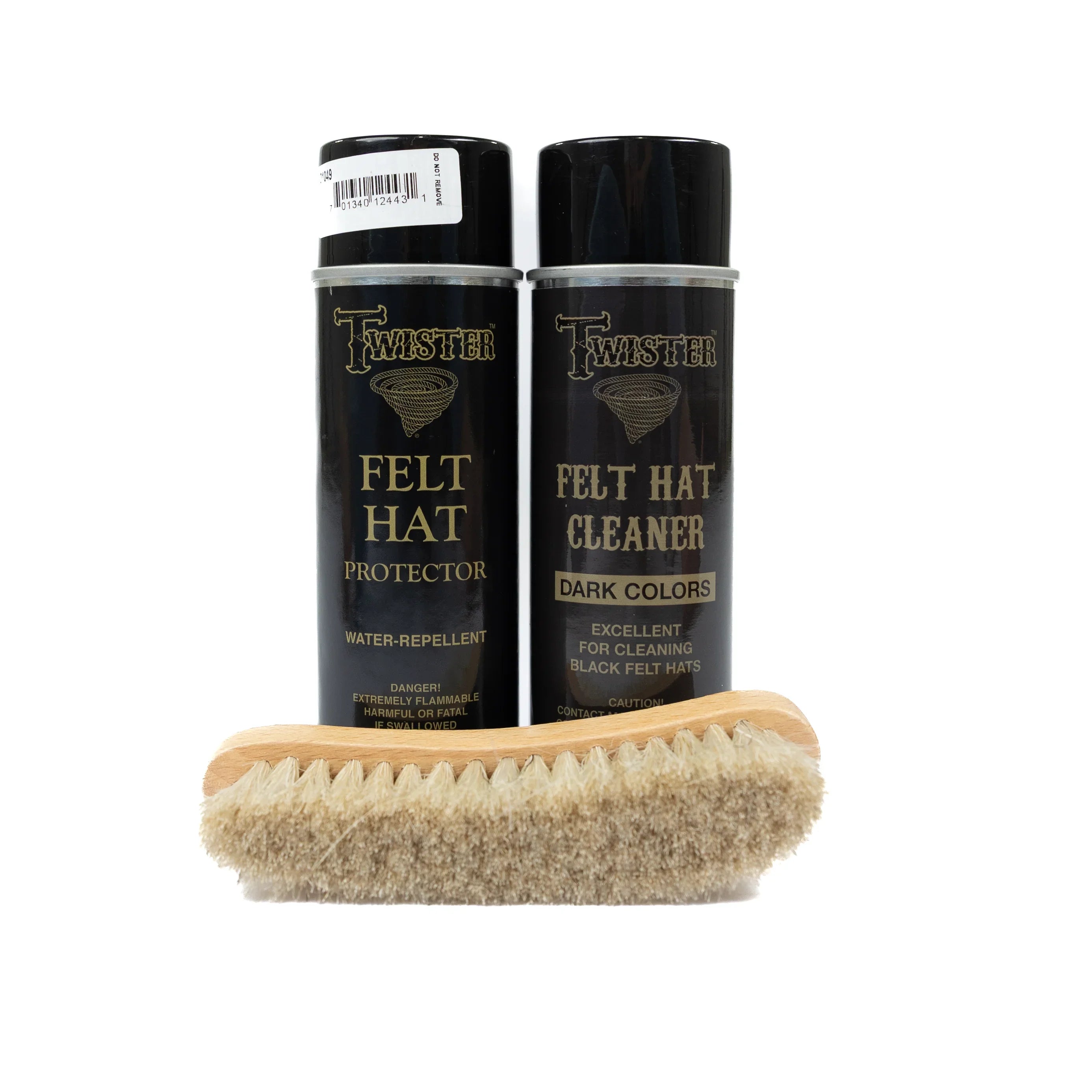 Two bottles of Twister Felt Hat Cleaner and a brush on a white background