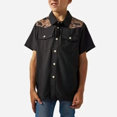 Boy's Burlebo Black and Gauge Camo Performance Western Shirt Y-PWS-DRSZN