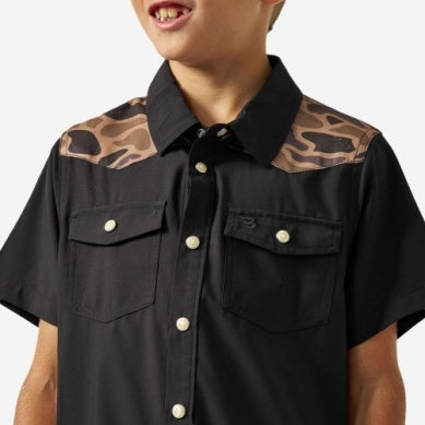 Boy's Burlebo Black and Gauge Camo Performance Western Shirt Y-PWS-DRSZN