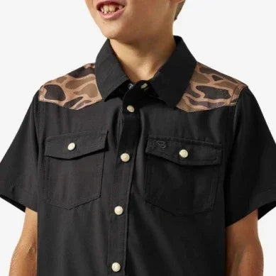 Boy's Burlebo Black and Gauge Camo Performance Western Shirt Y-PWS-DRSZN