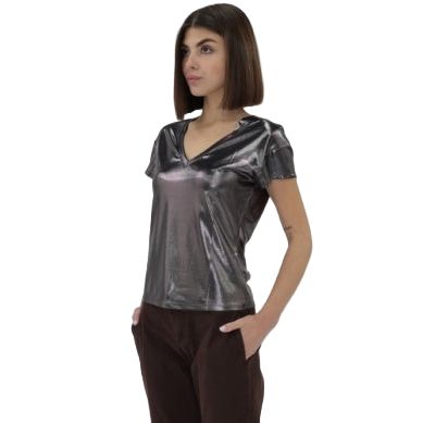 Women's Another Love Metallic Black Lumi Short Sleeve T-shirt VCKN1853MEB
