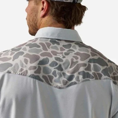 Men's Burlebo Light Gray and Classic Deer Camo Performance Western Shirt PWS-BRDSZN