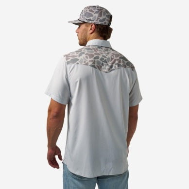 Men's Burlebo Light Gray and Classic Deer Camo Performance Western Shirt PWS-BRDSZN