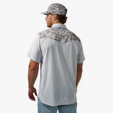 Men's Burlebo Light Gray and Classic Deer Camo Performance Western Shirt PWS-BRDSZN