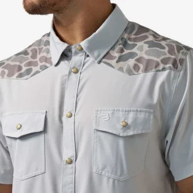Men's Burlebo Light Gray and Classic Deer Camo Performance Western Shirt PWS-BRDSZN