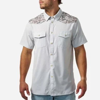 Men's Burlebo Light Gray and Classic Deer Camo Performance Western Shirt PWS-BRDSZN