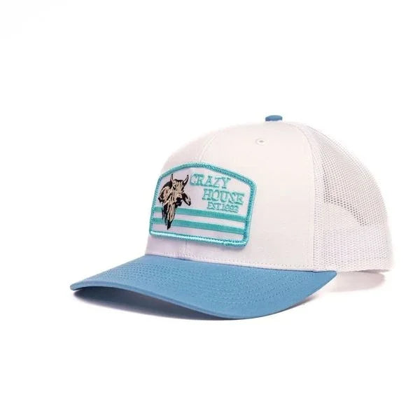 White and Light Blue Snapback with Bull Patch - Crazy House Western Wear