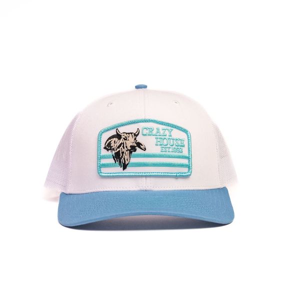 White and Light Blue Snapback with Bull Patch - Crazy House Western Wear