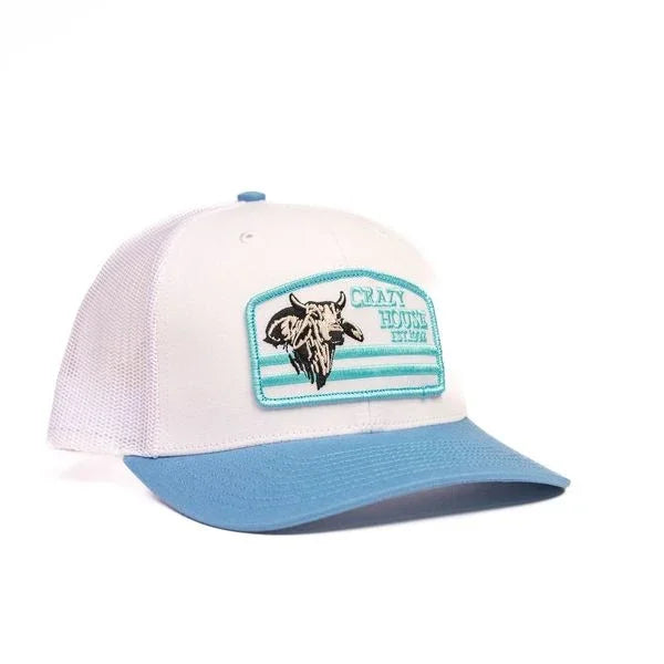White and Light Blue Snapback with Bull Patch - Crazy House Western Wear