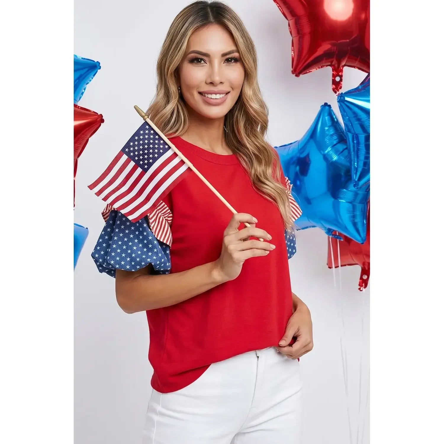 Women's 4TH of July Stars & Stripes Short Puff Sleeve Top
