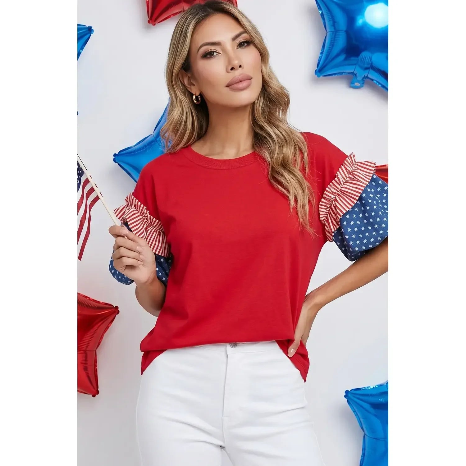 Women's 4TH of July Stars & Stripes Short Puff Sleeve Top