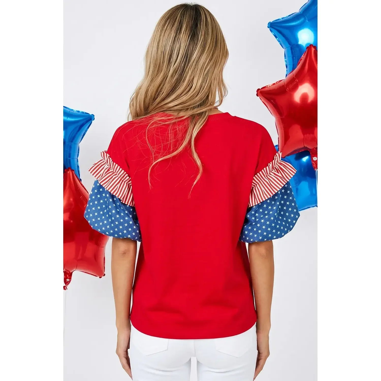 Women's 4TH of July Stars & Stripes Short Puff Sleeve Top