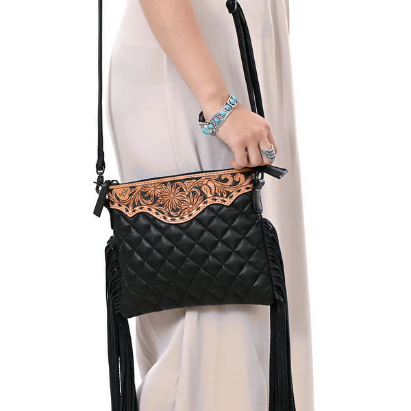 Women's American Darling Black Quilted and Fringe Crossbody Purse ADBG1683