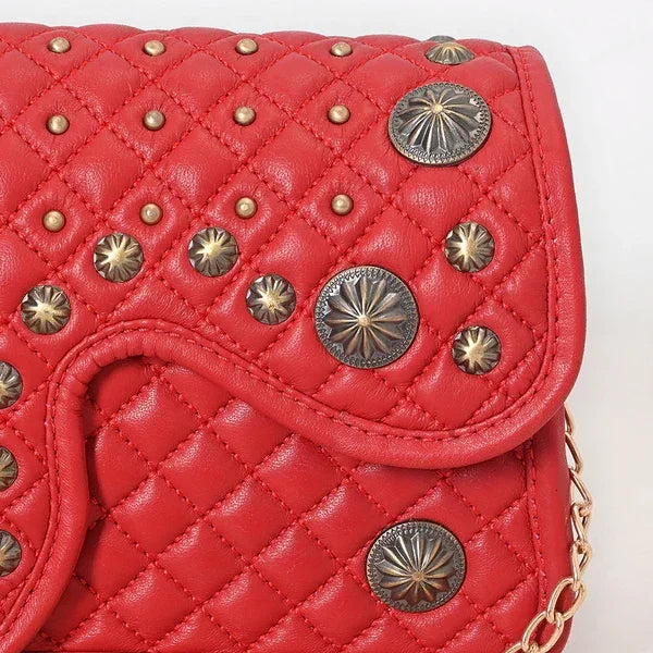 Women's American Darling Red Genuine Leather Quilted Concho Bag ADBGA871