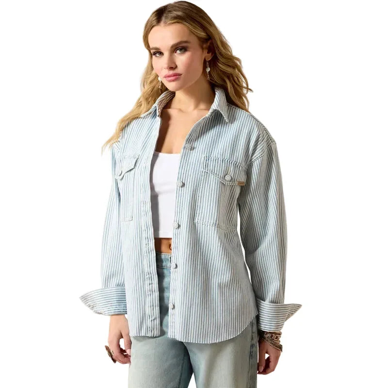 Women's Ariat Blue White Denim Stripe Shirt Jacket 10073889