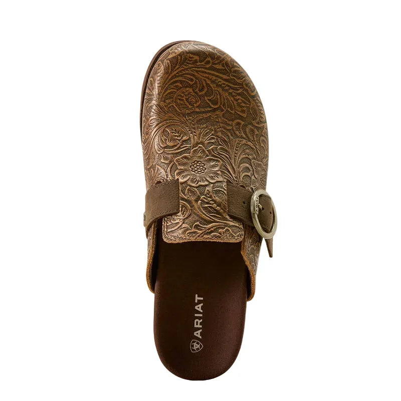 Women's Ariat Brown Floral Emboss Country Mule Slip On Shoes 10074266