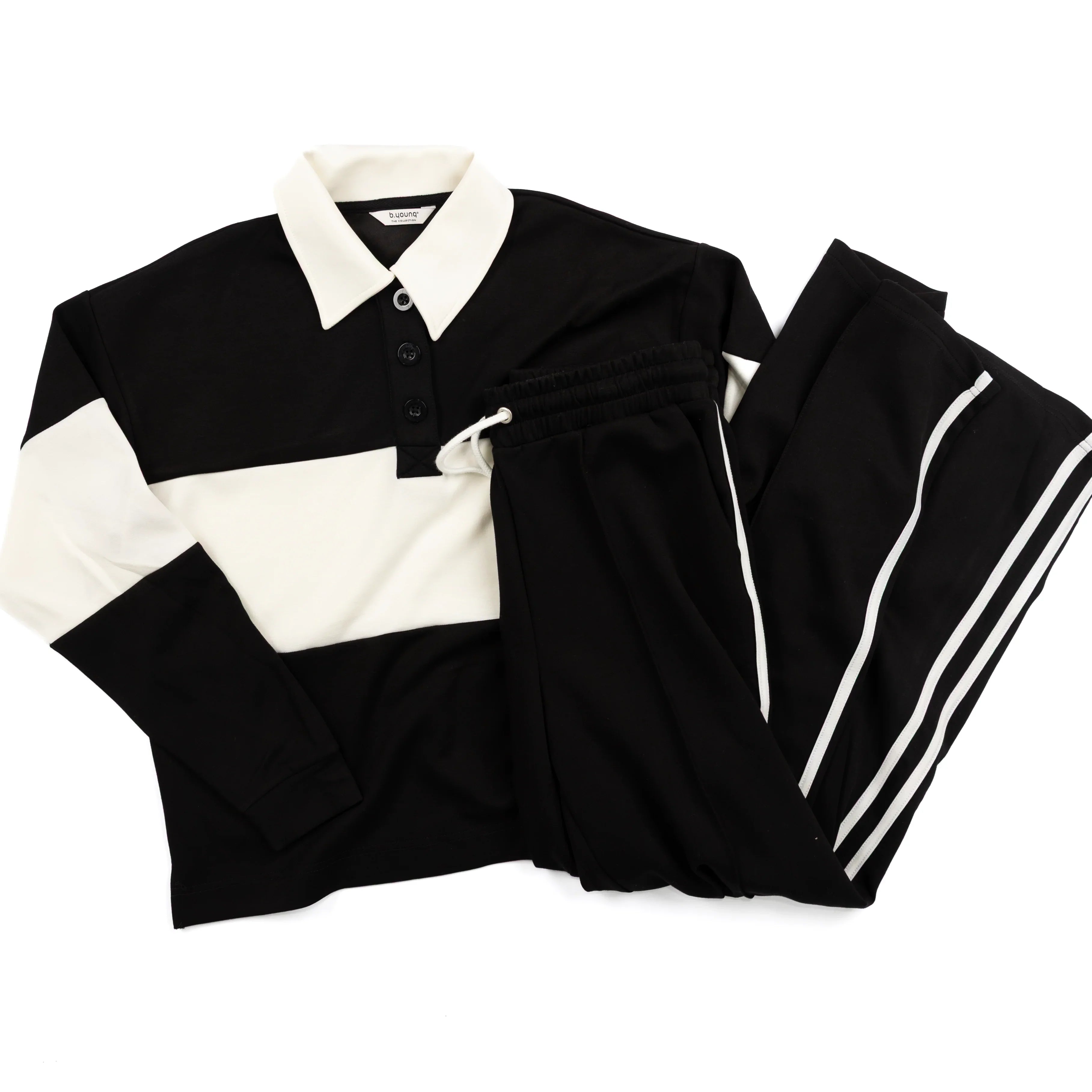 Women's B.Young White and Black Contrast Polo Pullover