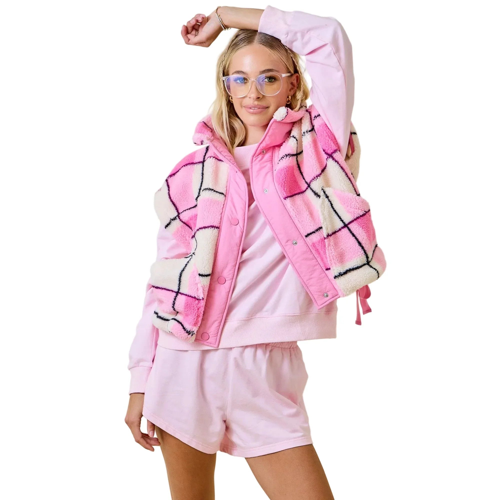Women's Baby Pink Relaxed Knit Sweat Shorts With Elastic Waistband A4097