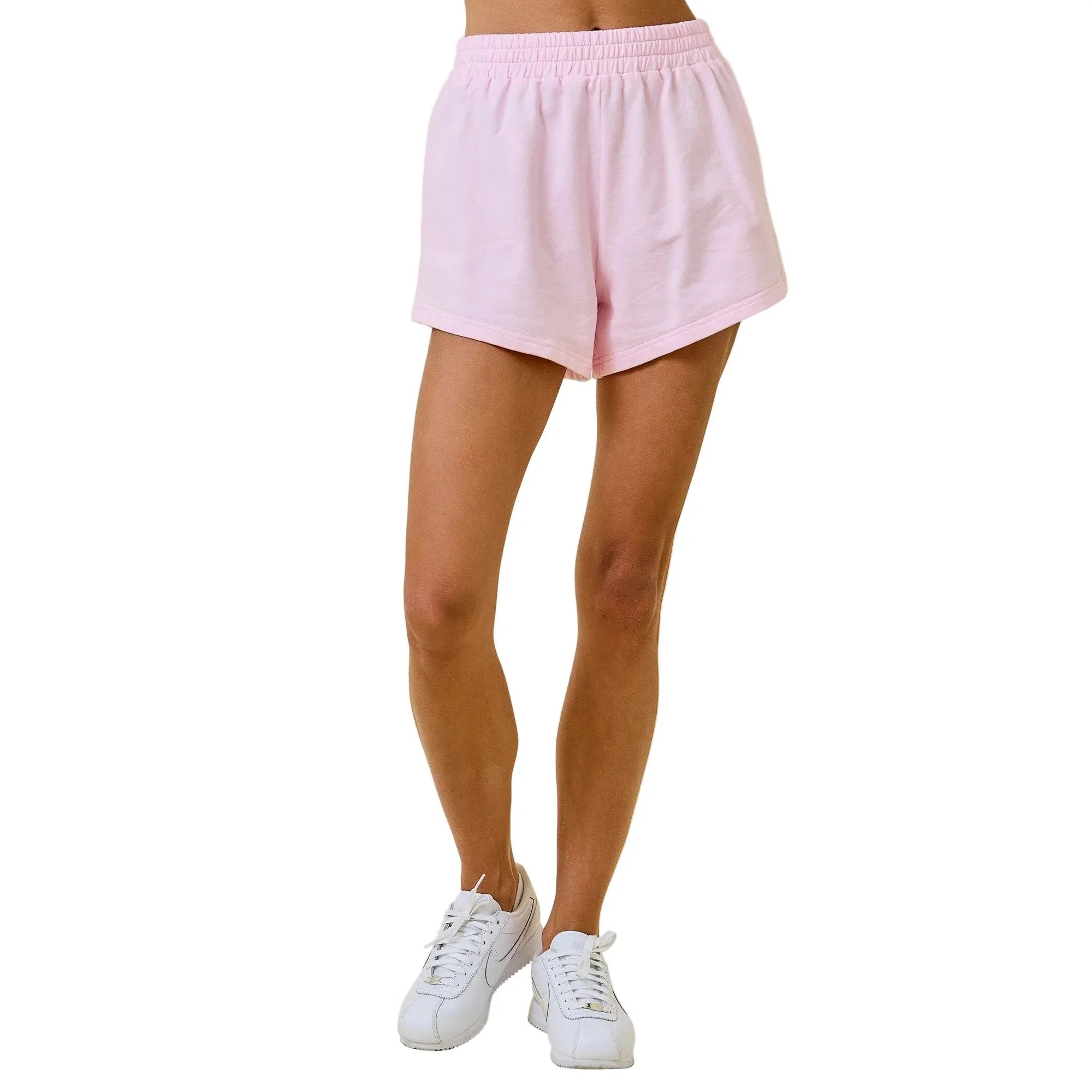 Women's Baby Pink Relaxed Knit Sweat Shorts With Elastic Waistband A4097