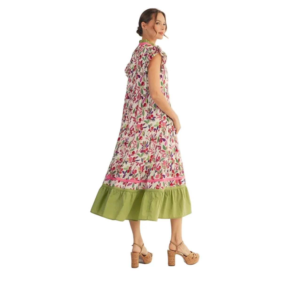 Women's Berry Mix Ruffled Cap Sleeves Tiered Floral Midi Dress G15465