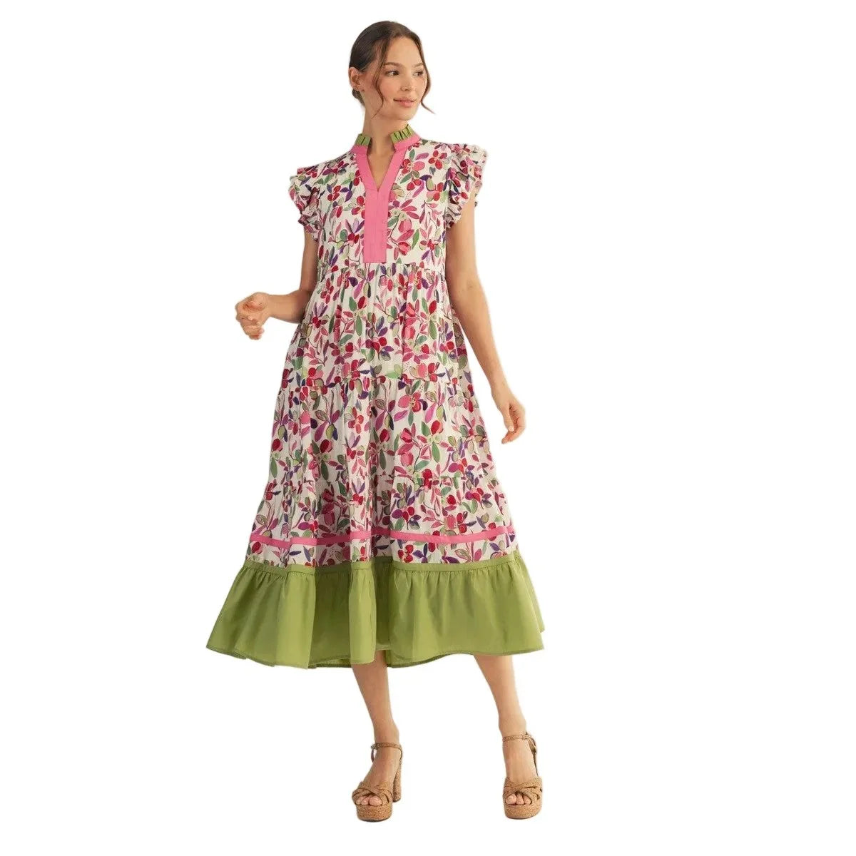 Women's Berry Mix Ruffled Cap Sleeves Tiered Floral Midi Dress G15465