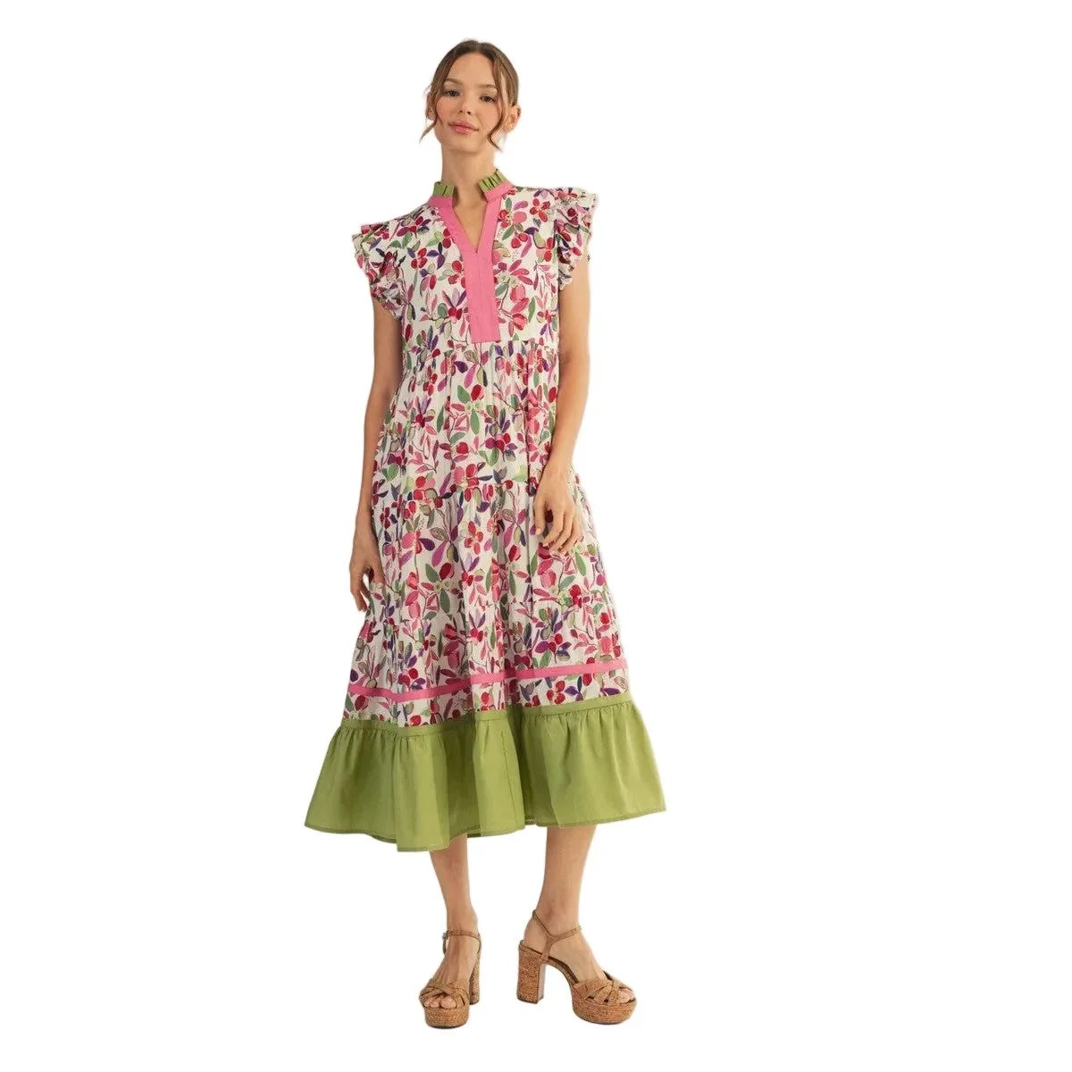 Women's Berry Mix Ruffled Cap Sleeves Tiered Floral Midi Dress G15465