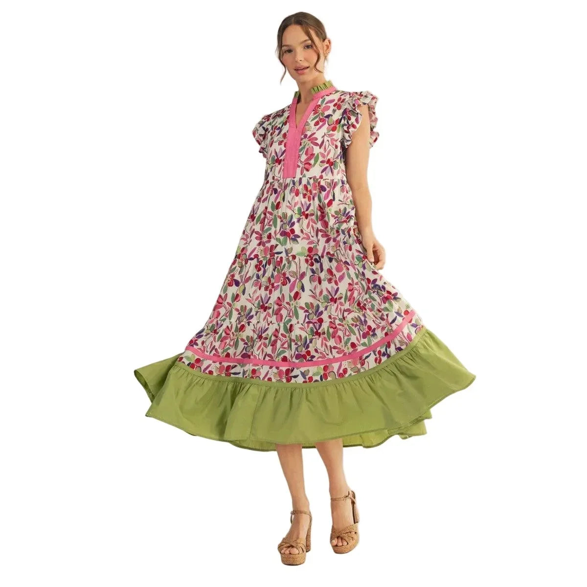 Women's Berry Mix Ruffled Cap Sleeves Tiered Floral Midi Dress G15465