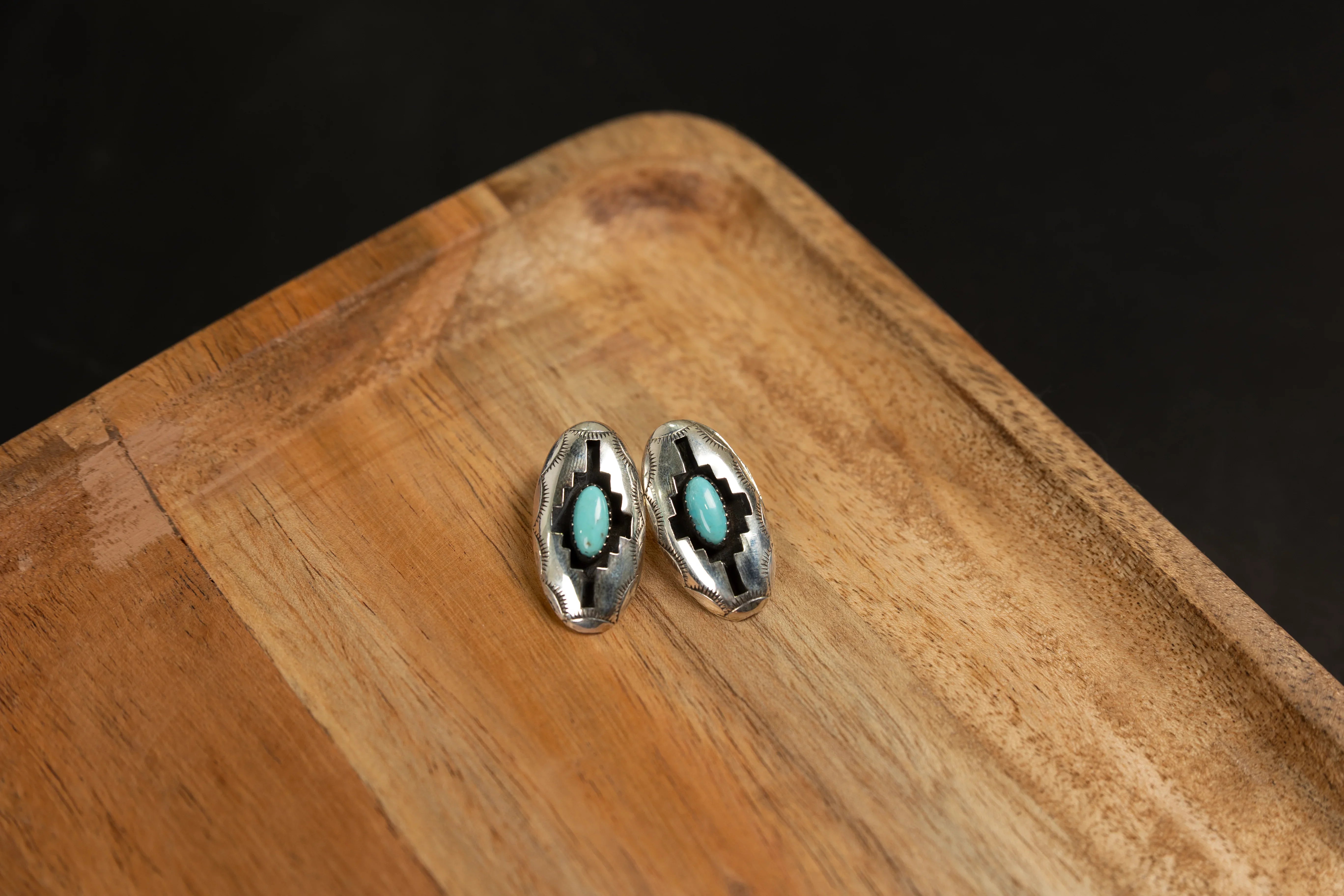 Women's Bilagaana Silver and Turquoise Earrings with Black Inlay